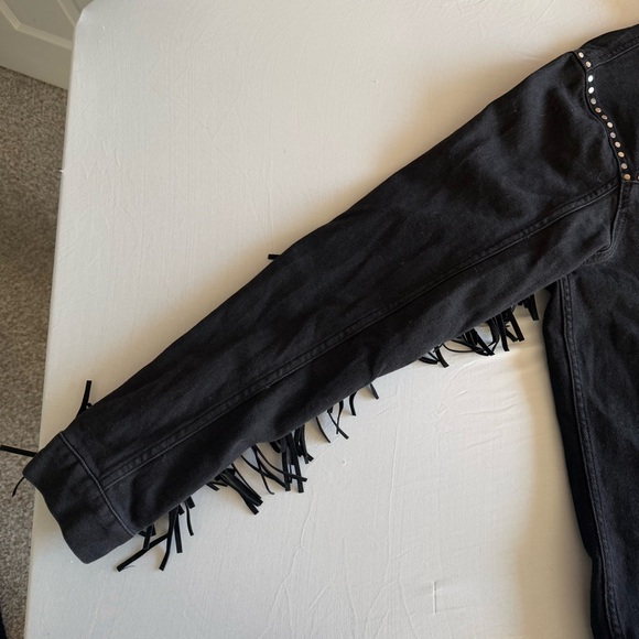 Zara Man Faux Suede Fringe Studded Black Denim Jacket Pockets Button Up Size L - Picture 7 of 16